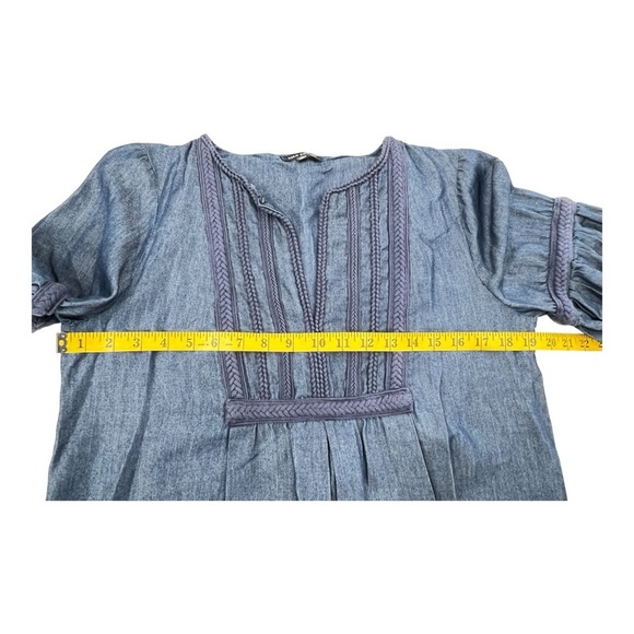 Max Edition Mid Length Bell Sleeve Blue Chambray Dress with Blue Braided Trim - Picture 7 of 8